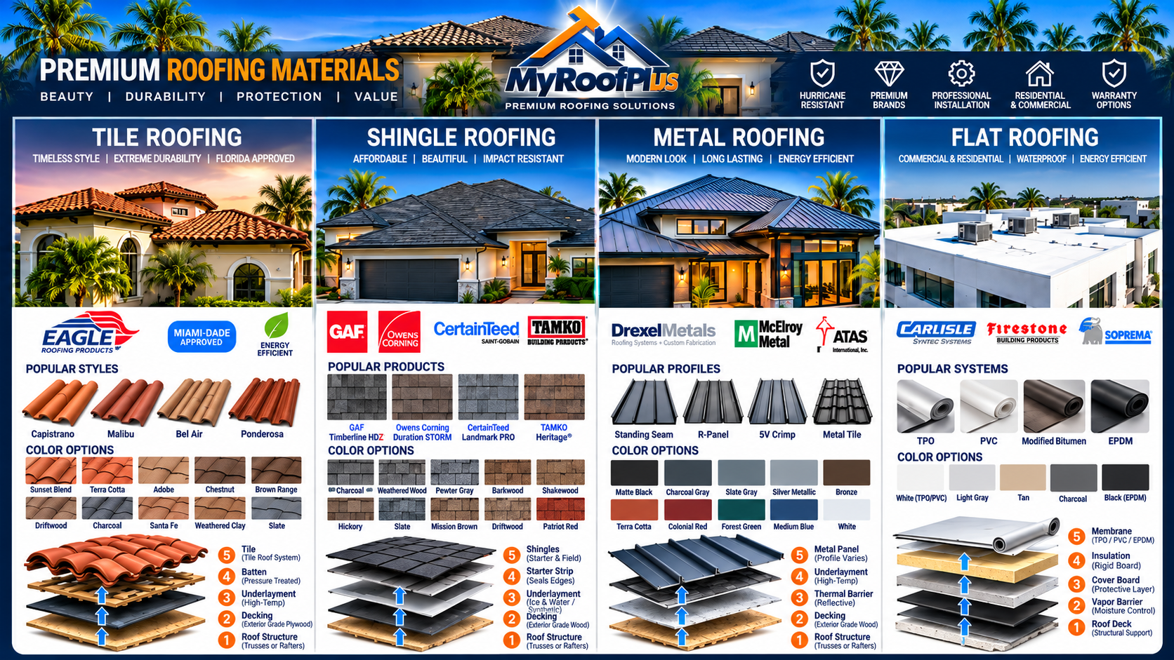 MyRoofPlus roofing materials guide showing tile, shingle, metal and flat roofing systems